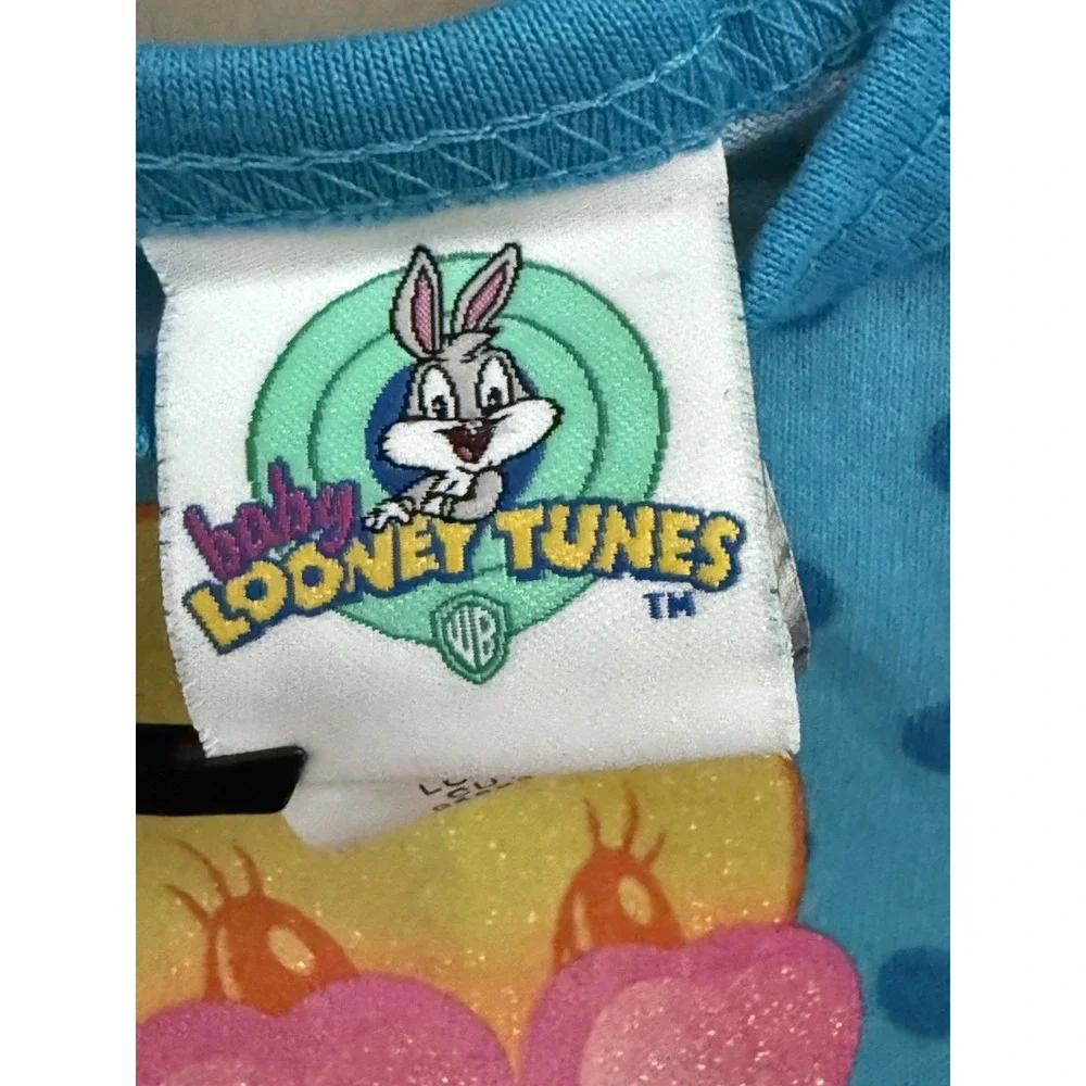 VTG Looney Tunes Baby Tweety Bird Blue Polka Dots Girls SZ 6-9 Mths‎